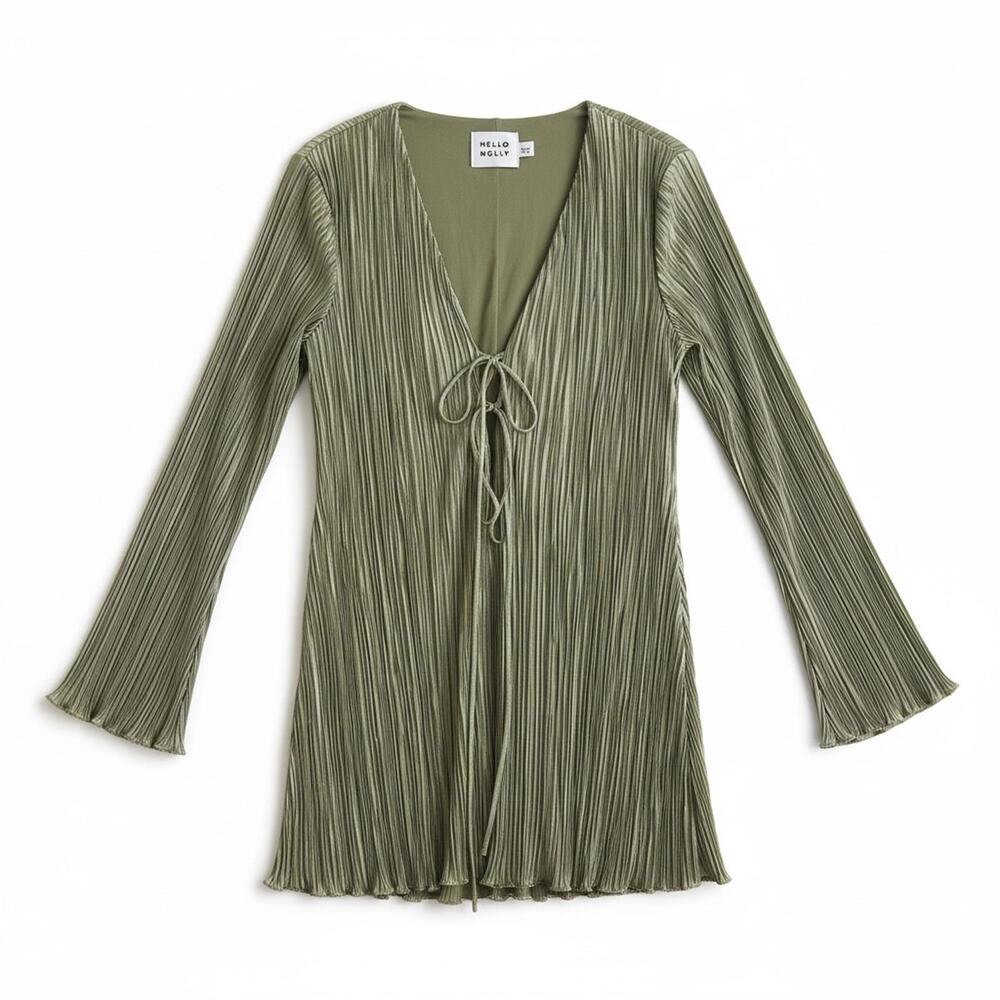 Hello Molly Olive Pleated Tie Front Mini Dress M Boho Party Date Night